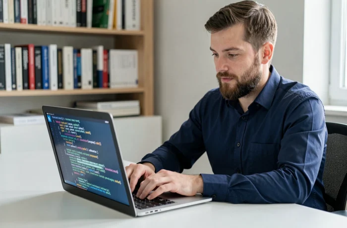 Ingénieur data travaillant sur des données fictives de test dans un terminal de base de données depuis son bureau à domicile
