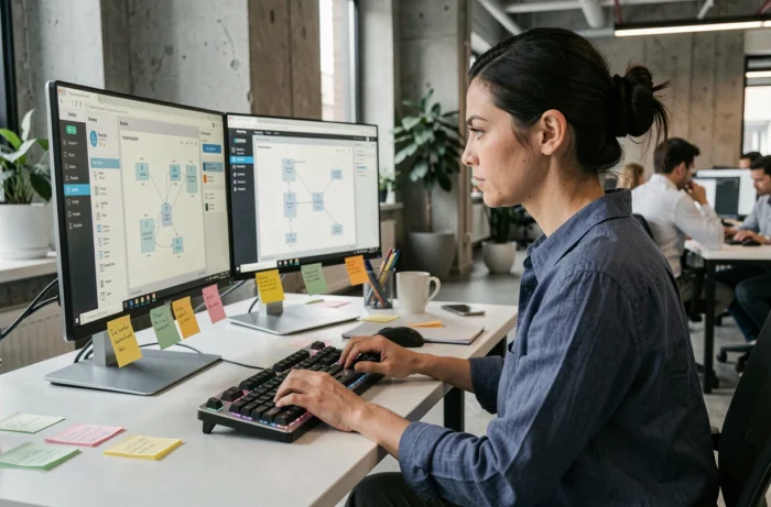 Développeuse configurant l'intégration d'un outil logiciel sur deux écrans dans un bureau moderne en open space