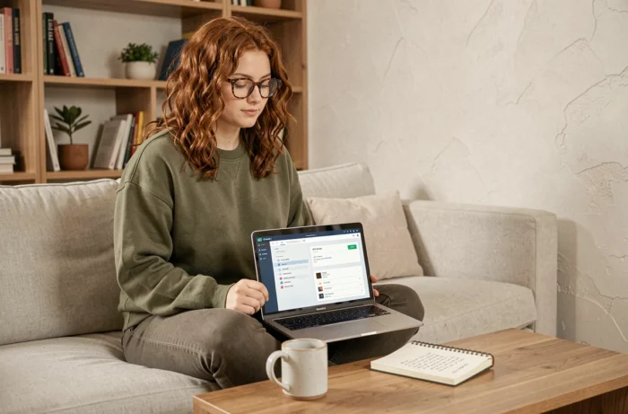 Freelance configurant l'intégration d'un outil numérique depuis son bureau à domicile avec un ordinateur portable