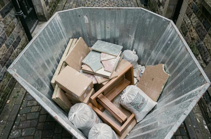 Vue plongeante dans un conteneur benne 3 m³ rempli de déchets de rénovation intérieure