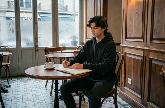 Adolescent aux cheveux ondulés assis dans un café parisien avec un carnet de croquis, évoquant l'atmosphère artistique et familiale de Jack Depp