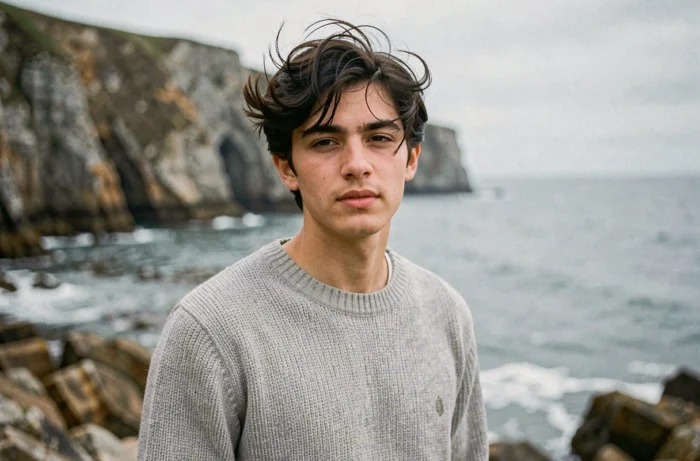 Jeune homme en pull gris sur un rivage rocheux de la côte française, illustrant la vie discrète et les origines franco-américaines de Jack, fils de Johnny Depp et Vanessa Paradis