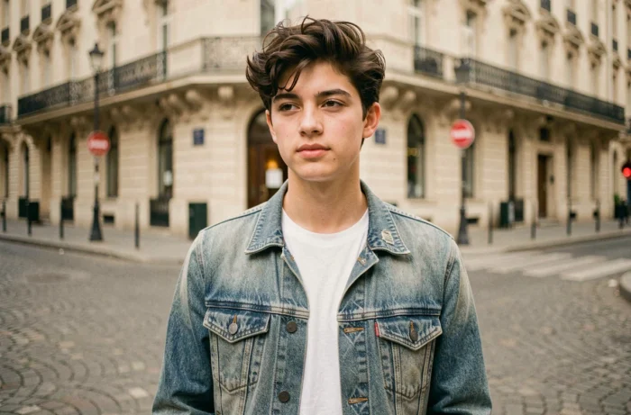 Jeune homme aux cheveux bruns et à l'air naturel dans une rue pavée de Paris, illustrant l'univers de Jack, fils de Vanessa Paradis et Johnny Depp