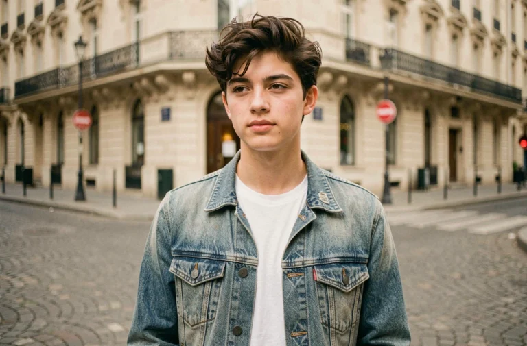 Jeune homme aux cheveux bruns et à l'air naturel dans une rue pavée de Paris, illustrant l'univers de Jack, fils de Vanessa Paradis et Johnny Depp