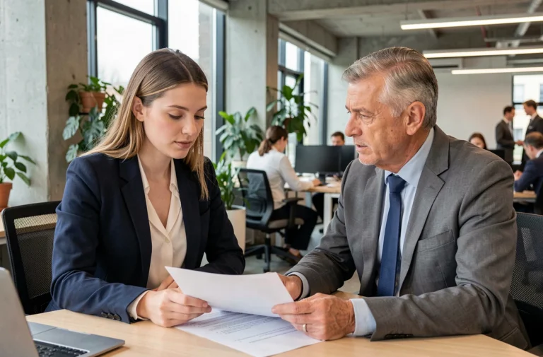 Jeune femme en alternance travaillant avec un mentor dans un bureau moderne, illustrant la formation professionnelle en entreprise