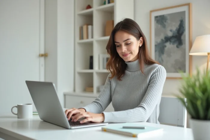 Jeune femme consultant une plateforme emploi sur ordinateur portable depuis son bureau à domicile, tendances Meeting Job