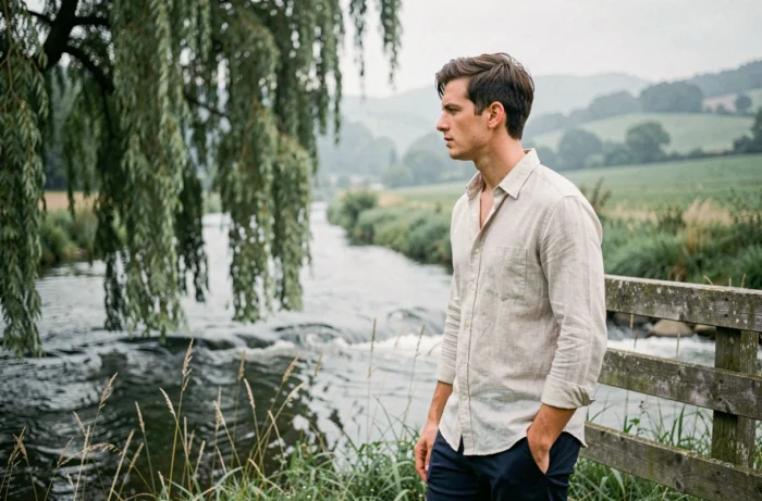 Jeune homme prénommé Baptiste contemplant une rivière dans la campagne française, évoquant les racines culturelles du prénom