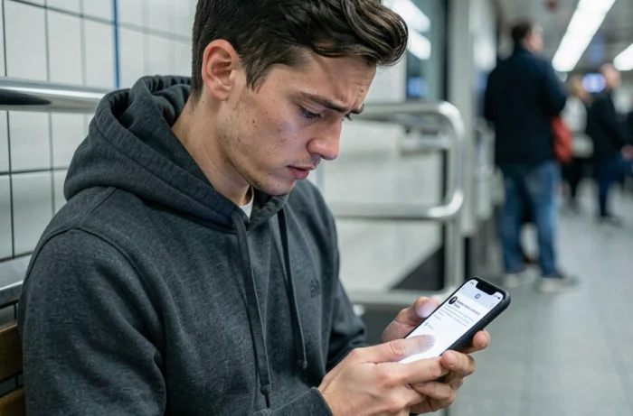Jeune homme consultant son smartphone avec une erreur de recherche vocale dans une station de métro