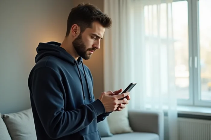 Jeune homme consultant les paramètres de l'application SFR Mail sur smartphone dans un appartement moderne