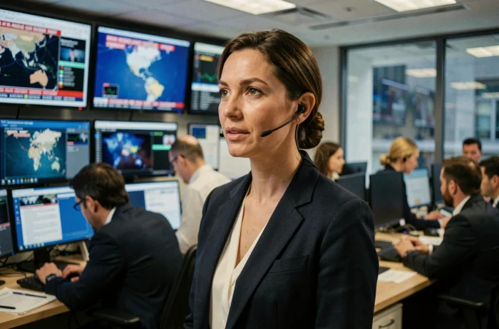 Journaliste femme en blazer dans une salle de rédaction moderne avec écrans d'actualités en arrière-plan