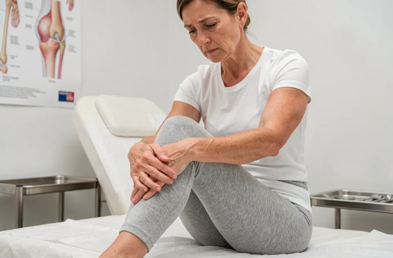 Femme d'âge moyen examinant un kyste au genou lors d'une consultation médicale orthopédique