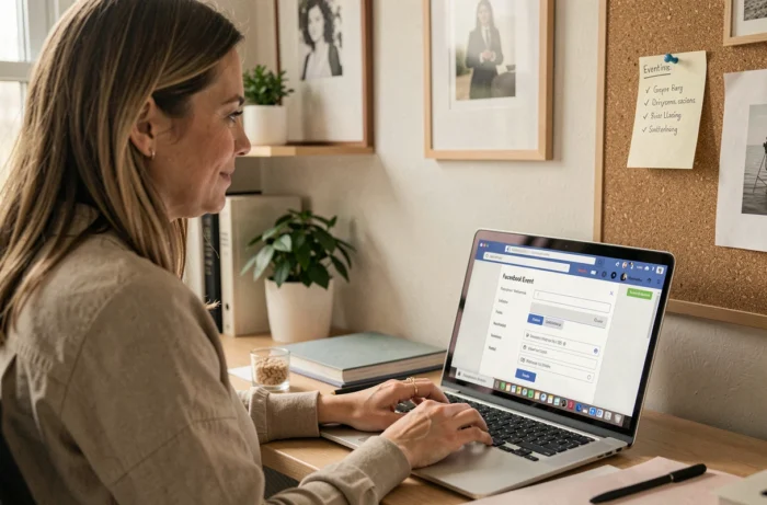 Une femme créant un événement Facebook associé à son groupe communautaire depuis son bureau à domicile