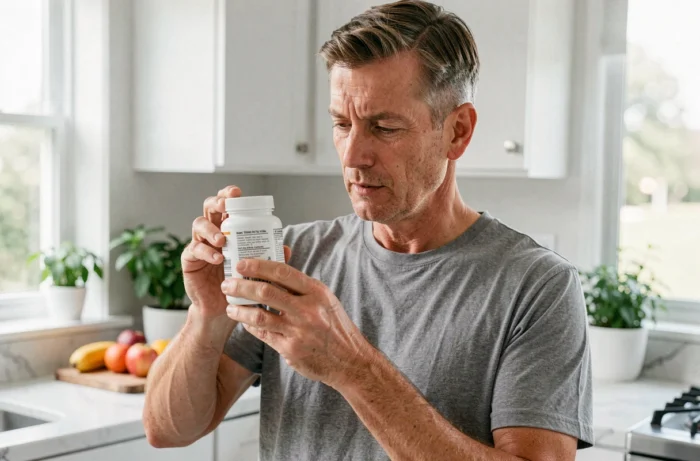Un homme lisant attentivement l'étiquette d'un complément vitaminé dans sa cuisine à domicile