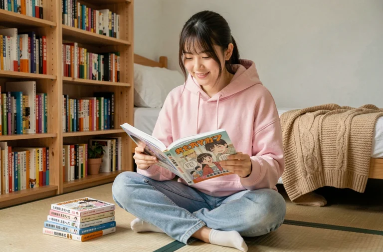 Jeune femme lisant un manga BL dans sa chambre cosy entourée de volumes empilés