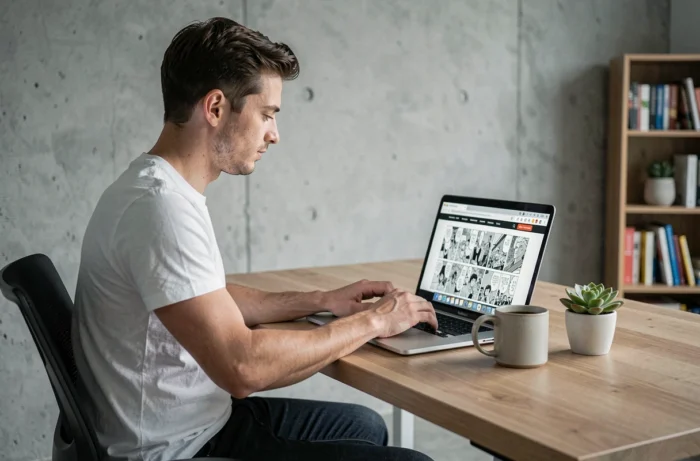 Homme parcourant un site de lecture de manga BL en ligne sur un ordinateur portable au bureau