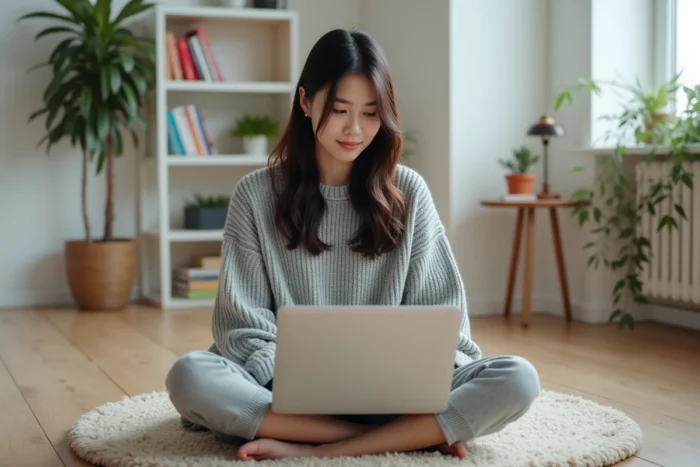 Jeune femme lisant des mangas en ligne sur un ordinateur portable dans un salon minimaliste et confortable