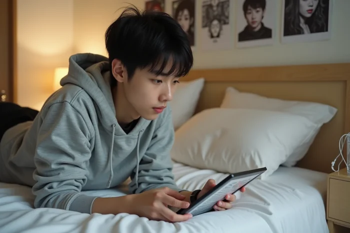 Jeune adulte lisant un manga sur une tablette confortablement installé dans sa chambre d'étudiant