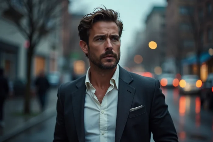 Homme élégant en blazer charbon avec des yeux bleus perçants sur un trottoir urbain mouillé au crépuscule, inspiré du style de Leonardo DiCaprio