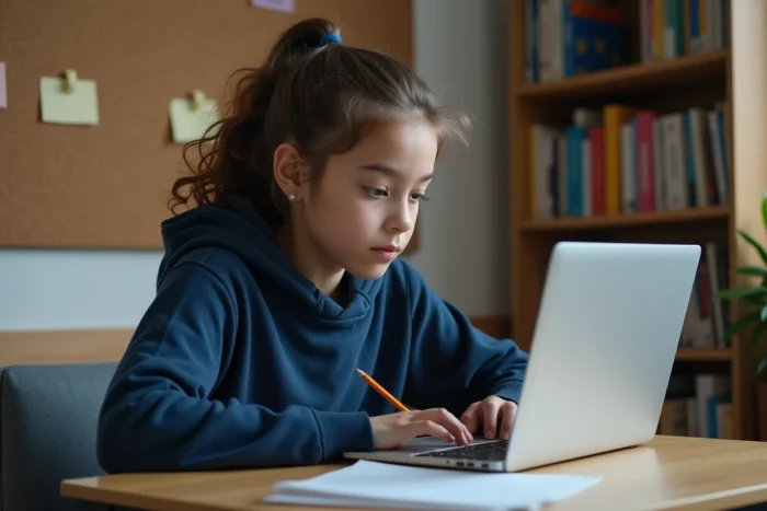 Lycéenne inscrite sur le portail Cyclades pour le Bac 2025 depuis son bureau à la maison