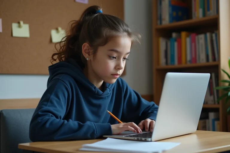 Lycéenne inscrite sur le portail Cyclades pour le Bac 2025 depuis son bureau à la maison