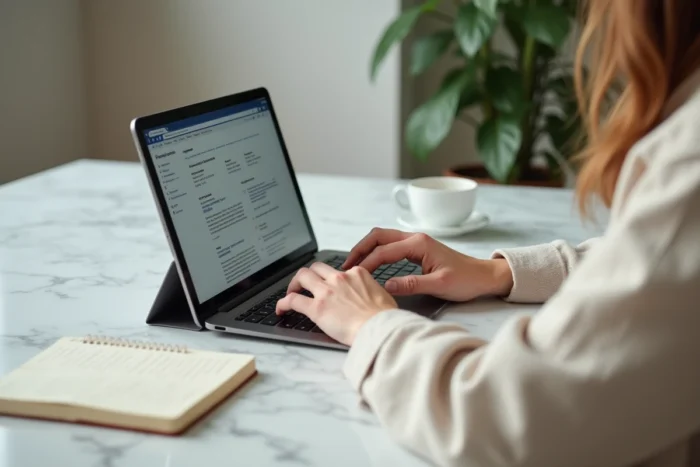 Mains tapant sur un clavier pour créer un CV en ligne avec différents modèles sur tablette
