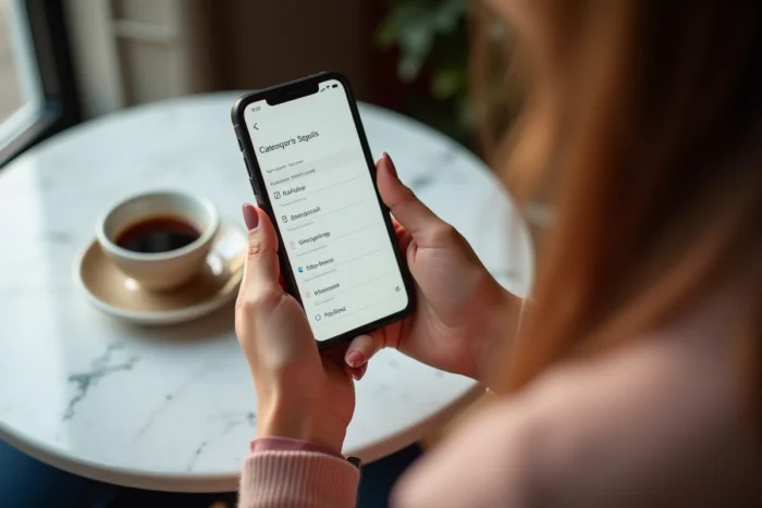 Mains féminines tenant un smartphone affichant le plan de site d'un blog beauté dans un café élégant