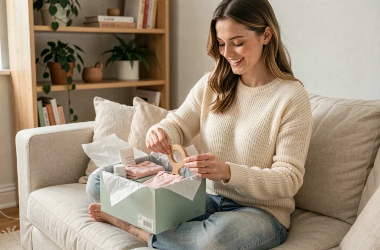 Jeune maman qui découvre le contenu d'une box bébé remplie de produits essentiels pour nourrisson