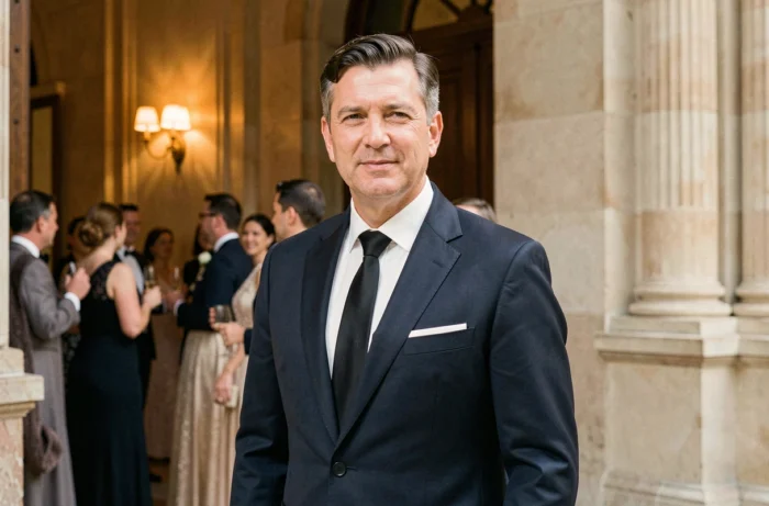 Homme élégant en costume sombre devant une salle de cérémonie parisienne lors d'une célébration formelle