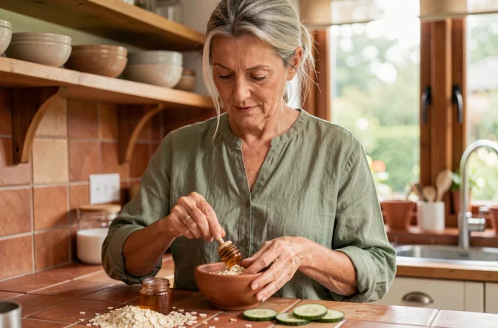 Femme mature préparant un masque visage maison avec des ingrédients naturels dans une cuisine chaleureuse aux tons terracotta