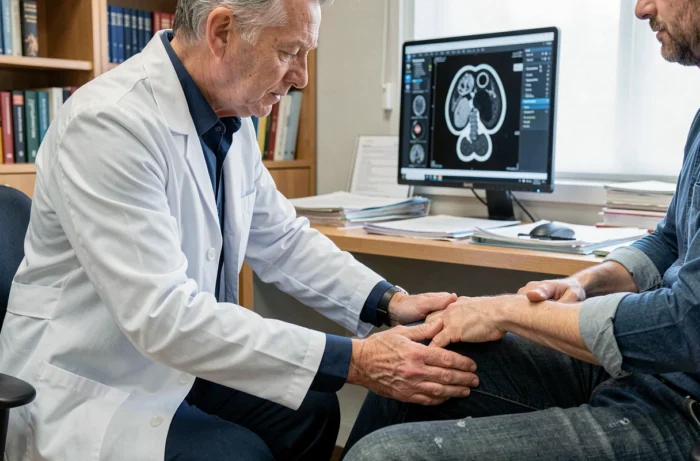 Médecin orthopédiste palpant le genou d'un patient pour diagnostiquer un kyste poplité