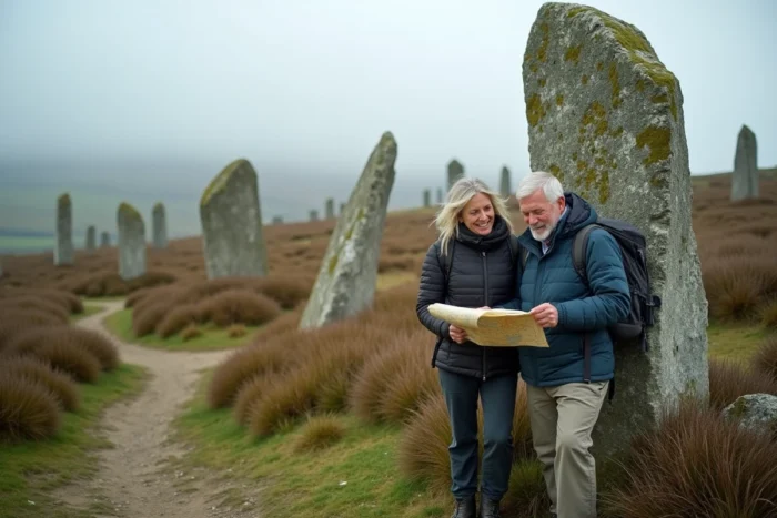 Couple de randonneurs étudiant une carte près de menhirs bretons couverts de mousse, exploration de sites mystérieux et du patrimoine paranormal en France