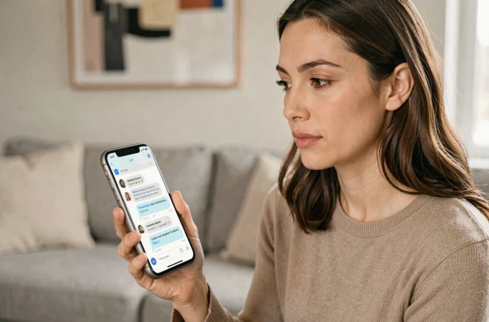 Une femme explorant l'interface Messenger Communities sur son téléphone comme alternative aux community chats Facebook