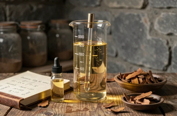 Gros plan d'un hydromètre dans un cylindre gradué rempli de new-make spirit doré sur une table en chêne brut avec carnet de notes