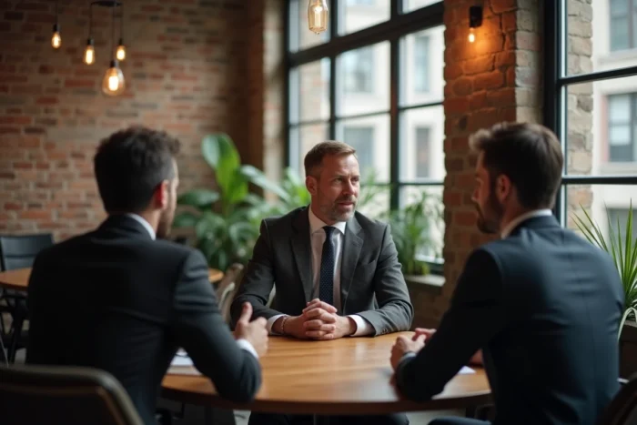 Homme en réunion de networking professionnel dans un espace de coworking, nouveautés secteur emploi et recrutement