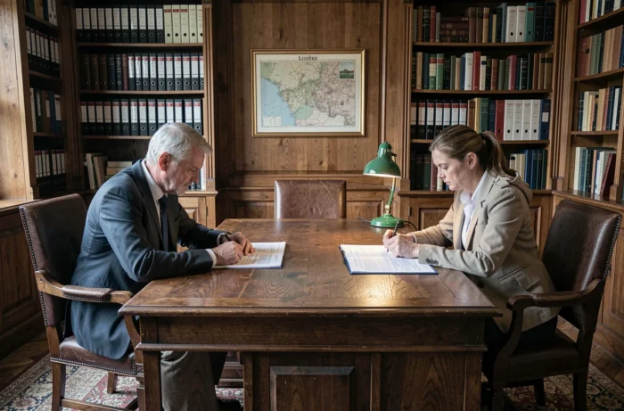 Couple en instance de divorce signataire de documents chez un notaire en Lozère pour la vente d'un bien immobilier