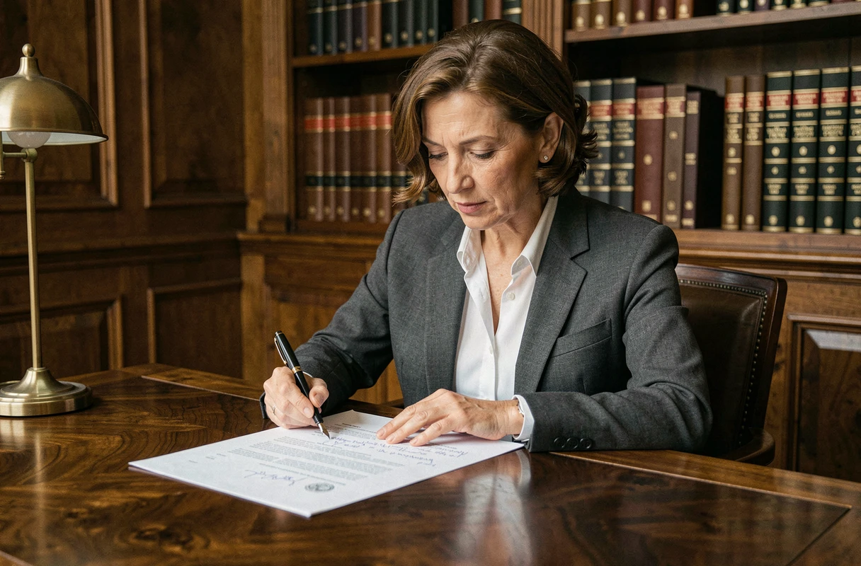 Notaire française en tailleur gris signant un contrat de bail emphytéotique dans un bureau juridique traditionnel avec boiseries et ouvrages de droit en arrière-plan