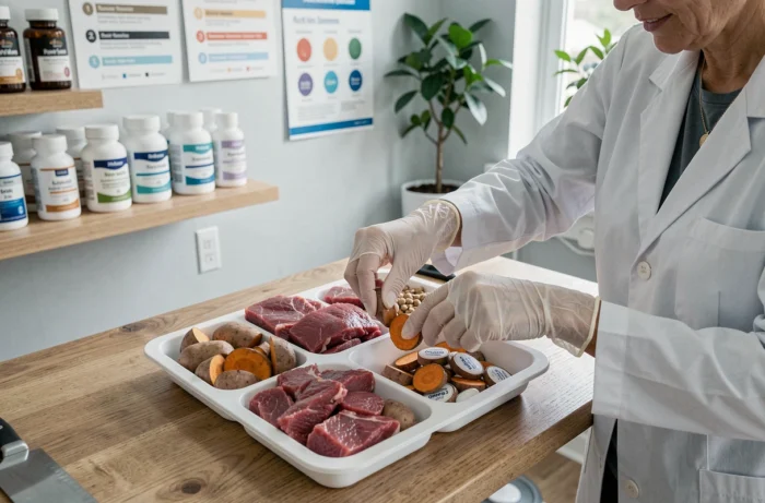 Nutritionniste préparant un repas équilibré pour un chien American Bully avec des ingrédients frais et des compléments alimentaires dans une clinique vétérinaire