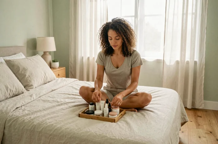 Femme aux cheveux naturels organisant ses produits de beauté sur un plateau en bois dans une chambre minimaliste lumineuse
