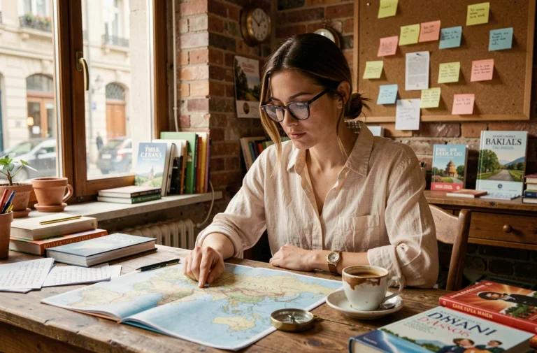 Femme organisant un voyage sur-mesure avec des cartes et carnets de voyage posés sur un bureau en bois rustique
