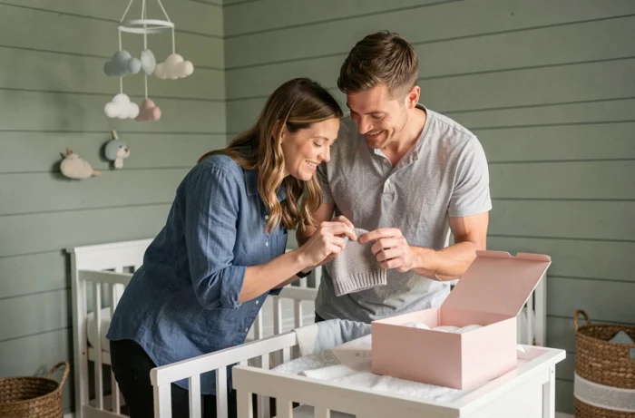 Couple de parents dans la chambre de bébé tenant des articles d'une box bébé soigneusement sélectionnée
