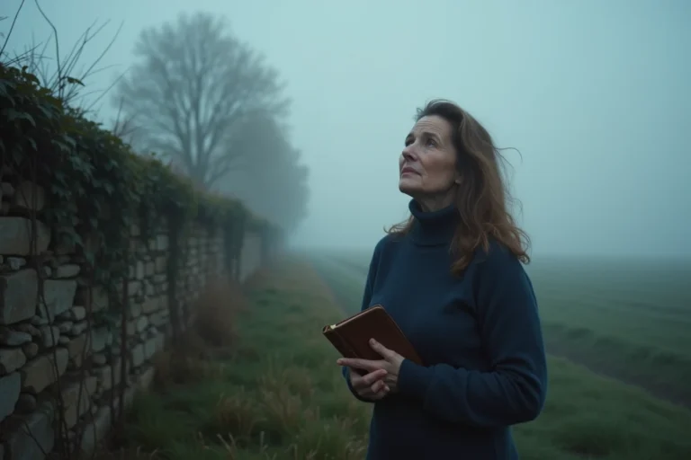 Femme contemplant un champ brumeux en Normandie tenant un journal mystérieux, évoquant le paranormal et les phénomènes inexpliqués en France