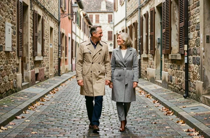 Couple discret se promenant sur une rue pavée européenne en automne, évoquant la vie amoureuse et le mariage discret de Philippe Gougler