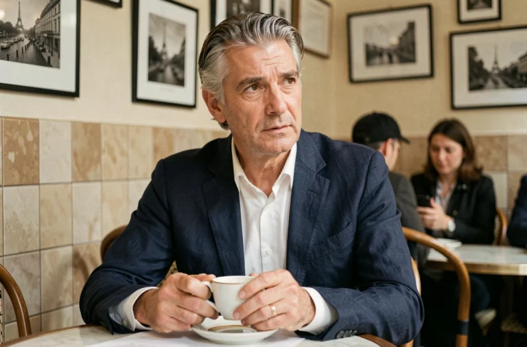 Portrait d'un homme élégant d'une cinquantaine d'années assis dans un café parisien, illustrant la vie discrète et amoureuse de Philippe Gougler
