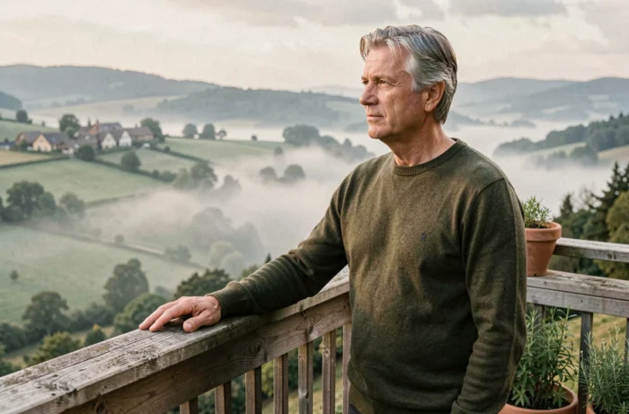 Homme élégant contemplant un paysage de campagne depuis une terrasse en bois, symbolisant l'intimité et la vie personnelle discrète de Philippe Gougler