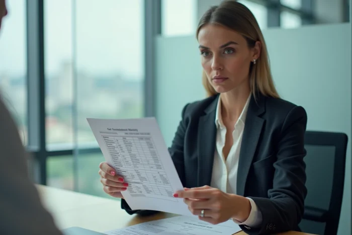 Une femme en blazer désigne une ligne de frais sur un document lors d'une réunion dans une agence immobilière IAD, l'air sceptique