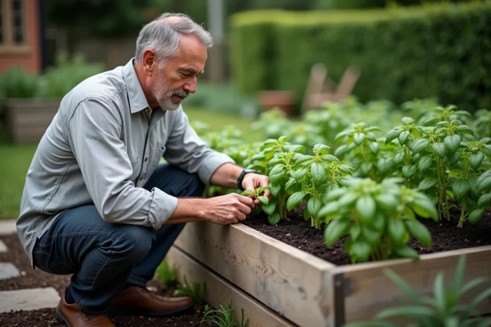 Jardinier pinçant la pousse apicale du basilic dans un potager surélevé en bois pour favoriser la repousse