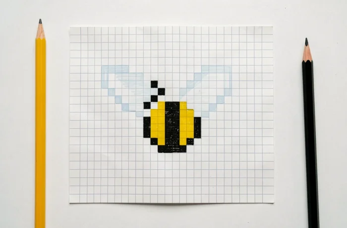 Pixel art d'une abeille en vol avec un corps rayé jaune et noir et des ailes en carrés bleu pâle sur papier quadrillé