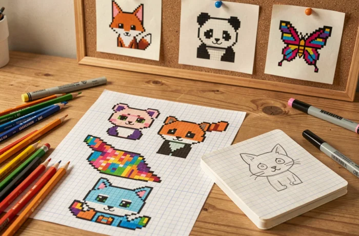 Bureau créatif avec des dessins de pixel art animaux sur papier quadrillé entourés de crayons de couleur et marqueurs