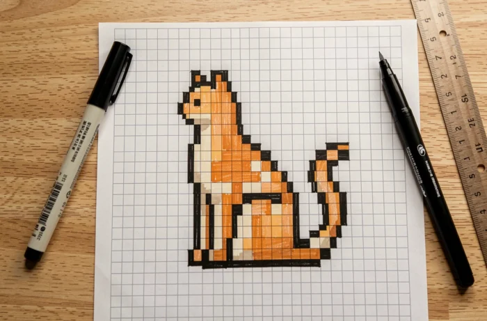 Dessin de pixel art d'un chat assis de profil sur papier quadrillé avec des carrés colorés en orange et noir