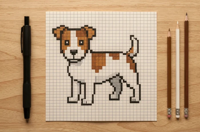 Dessin de pixel art d'un chien type Jack Russell blanc et marron avec des taches en carrés sur papier quadrillé